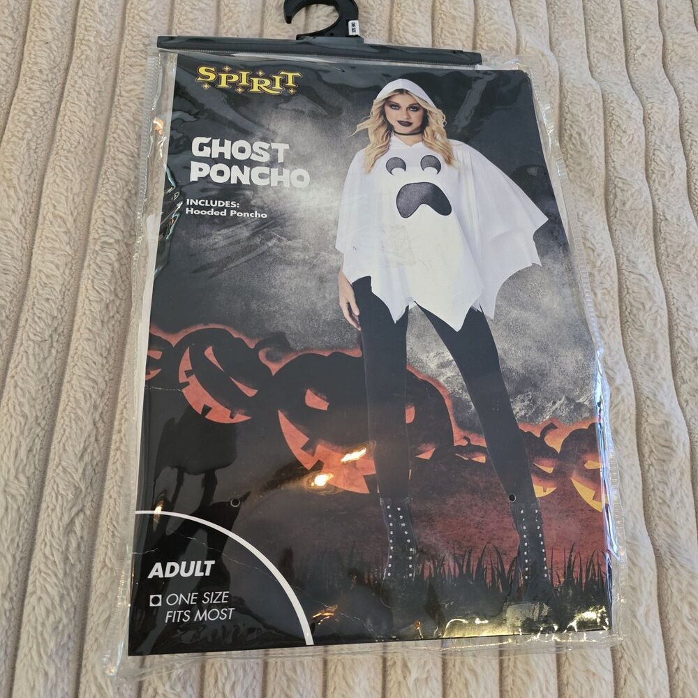 NEW Spirit Ghost Poncho Adult Hooded Costume White/Black One Size